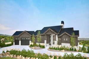 View of front of home with a standing seam roof, a metal roof, stone siding, and driveway