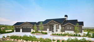 Contemporary home featuring a standing seam roof, an attached garage, a chimney, a metal roof, and driveway