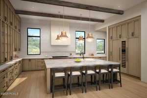 Kitchen featuring pendant lighting, a breakfast bar area, a center island with sink, light wood finished floors, and beam ceiling