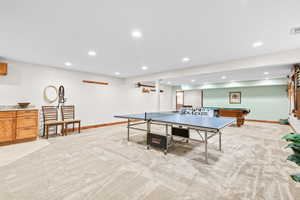 Playroom with light carpet, recessed lighting, and pool table
