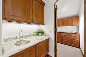 Bar area featuring a sink and carpet floors