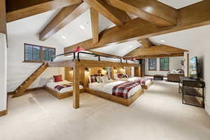 Bedroom featuring carpet floors, recessed lighting, and multiple windows