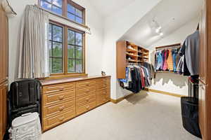 Walk in closet featuring lofted ceiling and carpet