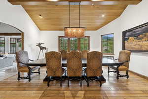 Dining room featuring plenty of natural light, a chandelier, wood ceiling, and light wood-type flooring