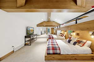 Bedroom with carpet, wood walls, recessed lighting, and access to outside