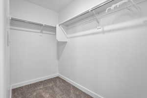 Primary suite Walk in closet featuring dark colored carpet
