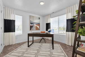 Carpeted home office featuring baseboards and a textured ceiling. This can be used as an office or bedroom.