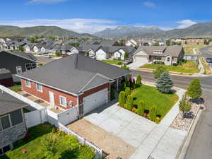 Aerial view of residential area with mountains