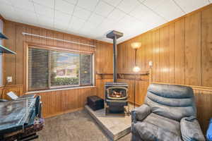 Living area with a wood stove, wooden walls, and carpet floors