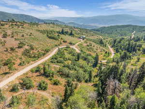 Drone / aerial view of a mountain backdrop and a heavily wooded area