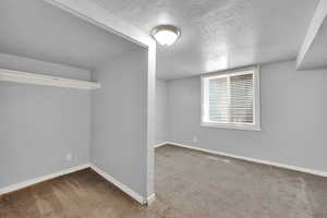 Spare room with carpet flooring and a textured ceiling