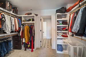 Walk in closet with carpet flooring