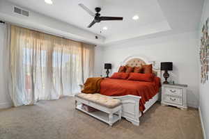 Bedroom featuring carpet floors, recessed lighting, and ceiling fan