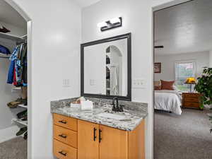 Bathroom featuring vanity, connected bathroom, and a spacious closet