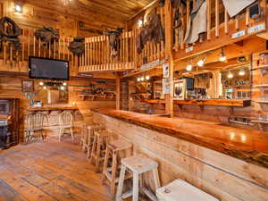 Bar with wooden walls, hardwood / wood-style floors, and wooden ceiling