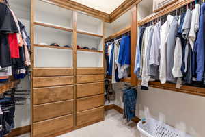 Walk in closet featuring light colored carpet