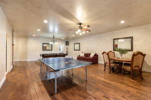 Game room featuring recessed lighting, billiards table, wood finished floors, and a ceiling fan