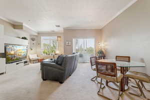 Living room with light carpet and ornamental molding