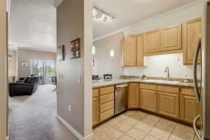 Kitchen with stainless steel appliances, light brown cabinets, open floor plan, track lighting, and light stone countertops