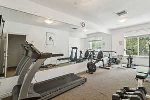 Exercise room featuring a textured ceiling and carpet
