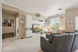 Living area featuring light colored carpet and ornamental molding