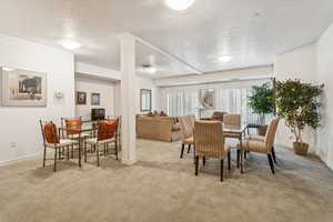 Carpeted dining room featuring a textured ceiling and baseboards