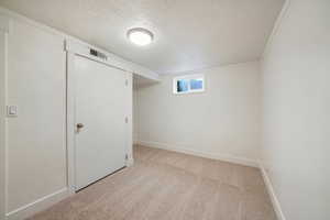 Basement featuring a textured ceiling and light carpet