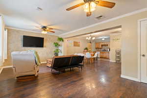 Living room with ceiling fan, a chandelier, dark wood-style floors, and crown molding