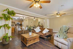 Living room with ceiling fan, a chandelier, dark wood finished floors, and ornamental molding