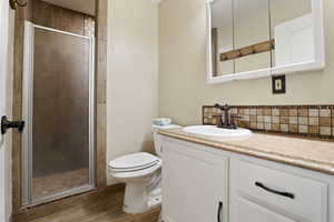 Bathroom featuring wood finished floors, vanity, tasteful backsplash, and a shower stall