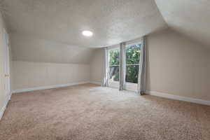Additional living space featuring vaulted ceiling, carpet floors, and a textured ceiling