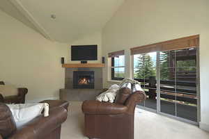 Carpeted living room with deck view, a tiled fireplace and high vaulted ceiling