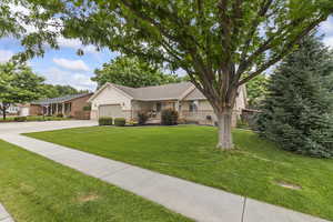Ranch-style house featuring concrete driveway, a garage, brick siding, and stucco siding