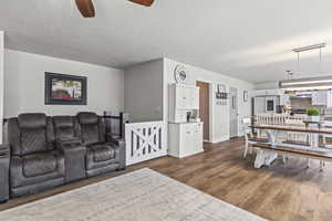 Living area featuring ceiling fan, dark wood-style floors, and a textured ceiling