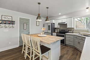 Kitchen with freestanding refrigerator, electric stove, under cabinet range hood, wood counters, and dark wood-type flooring