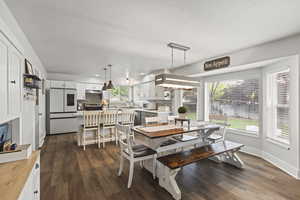 Dining area featuring dark wood-style floors