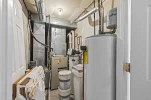Utility room featuring electric water heater and heating unit