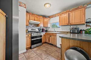 Kitchen with stainless steel gas range, under cabinet range hood, white dishwasher, light tile patterned flooring, and dark countertops