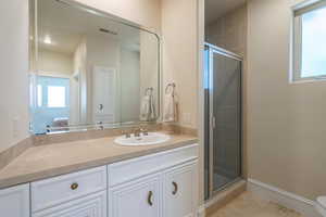 Full bath with connected bathroom, a shower stall, and vanity