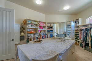 Spacious closet with light colored carpet