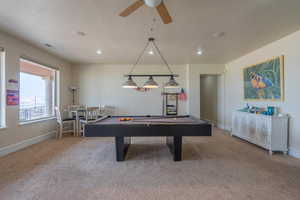 Game room with carpet flooring, billiards, recessed lighting, a ceiling fan, and a textured ceiling