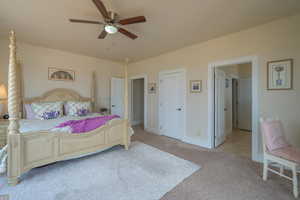 Bedroom featuring light colored carpet and a ceiling fan