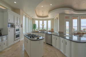 Kitchen featuring a center island, stainless steel appliances, a warming drawer, a tray ceiling, and recessed lighting
