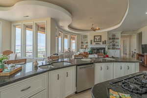Kitchen with stainless steel dishwasher, open floor plan, built in shelves, a fireplace, and dark stone countertops