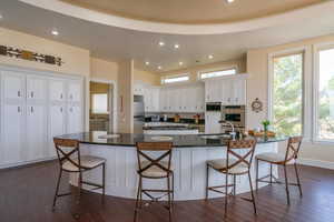 Kitchen featuring stainless steel appliances, white cabinetry, dark wood-type flooring, recessed lighting, and a kitchen breakfast bar