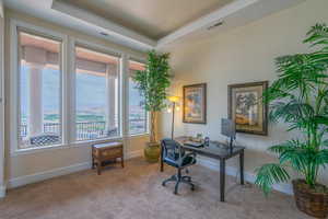 Carpeted home office featuring baseboards and a raised ceiling