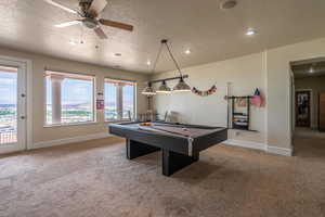 Rec room featuring carpet floors, a textured ceiling, billiards table, recessed lighting, and ceiling fan