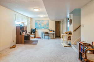 Carpeted office space with a textured ceiling