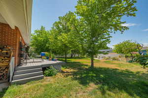 Large fenced backyard with a deck, mature fruit trees