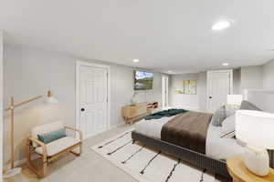 Carpeted bedroom featuring recessed lighting